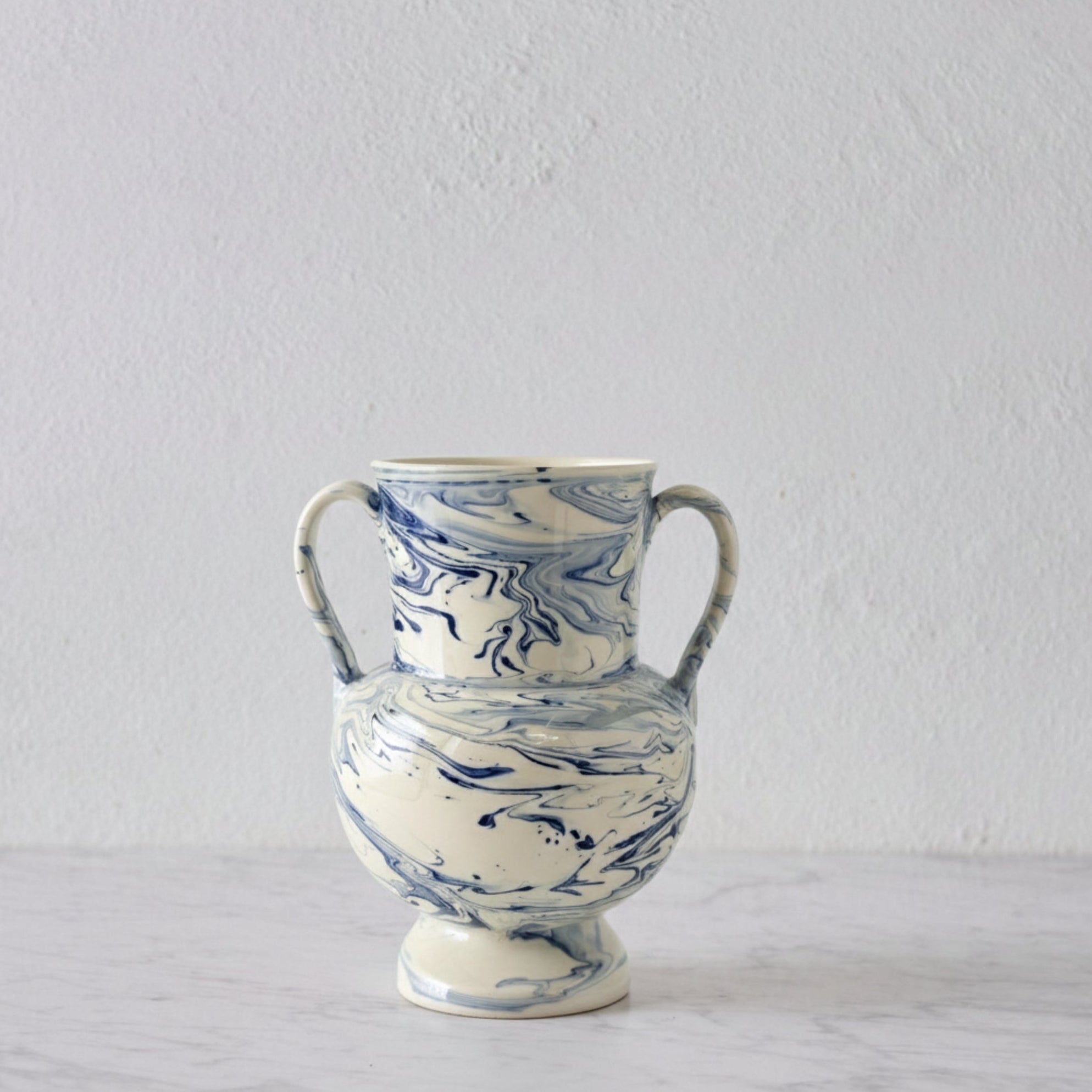 Apulian Amphora Vase in White with Blue Marble Glaze