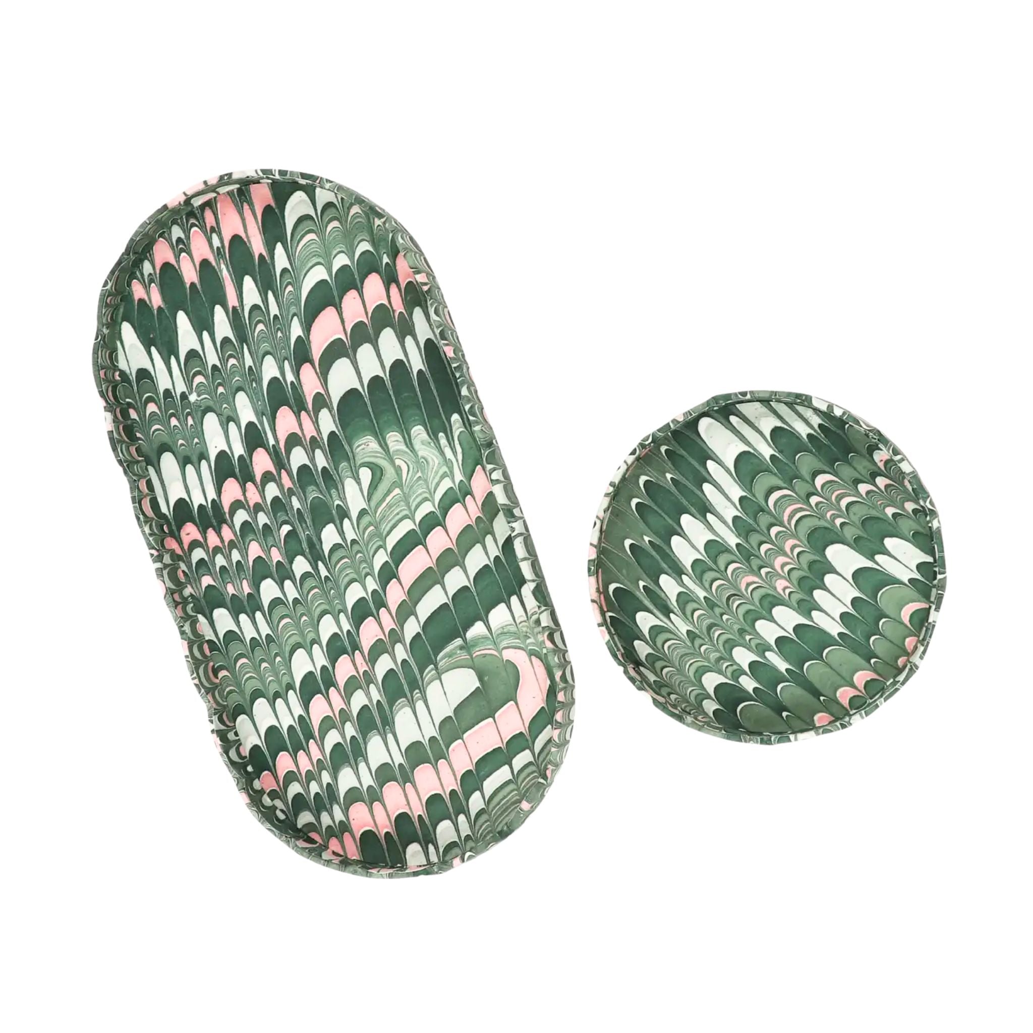 Marbled Oval Scalloped Tray Set, Green & Pink