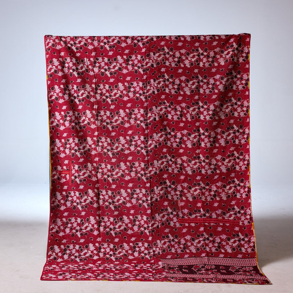 Vintage Indian Kantha Quilt, Crimson & Turquoise