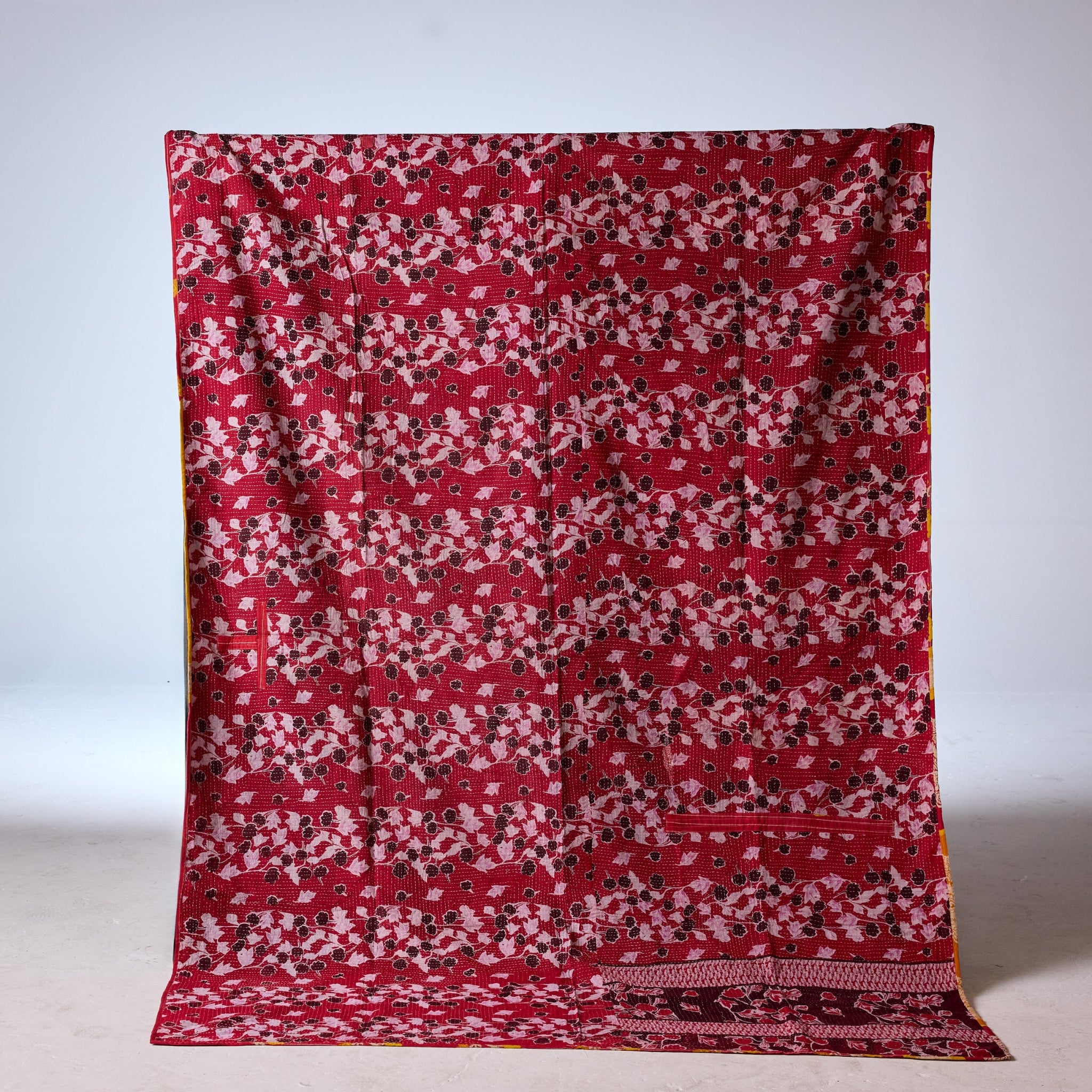 Vintage Indian Kantha Quilt, Crimson & Turquoise