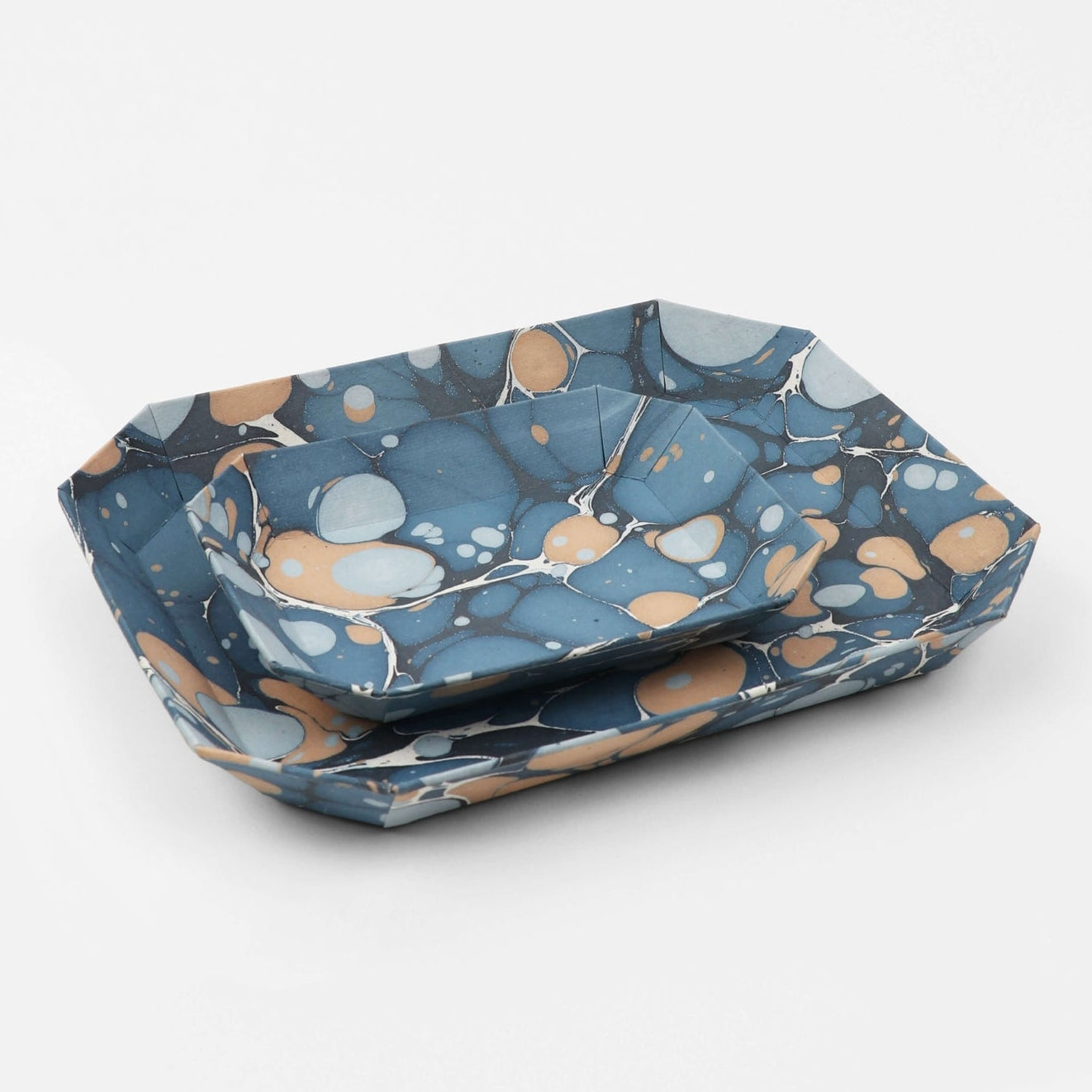 Marbled Octagonal Nesting Tray Set, Blue & Apricot