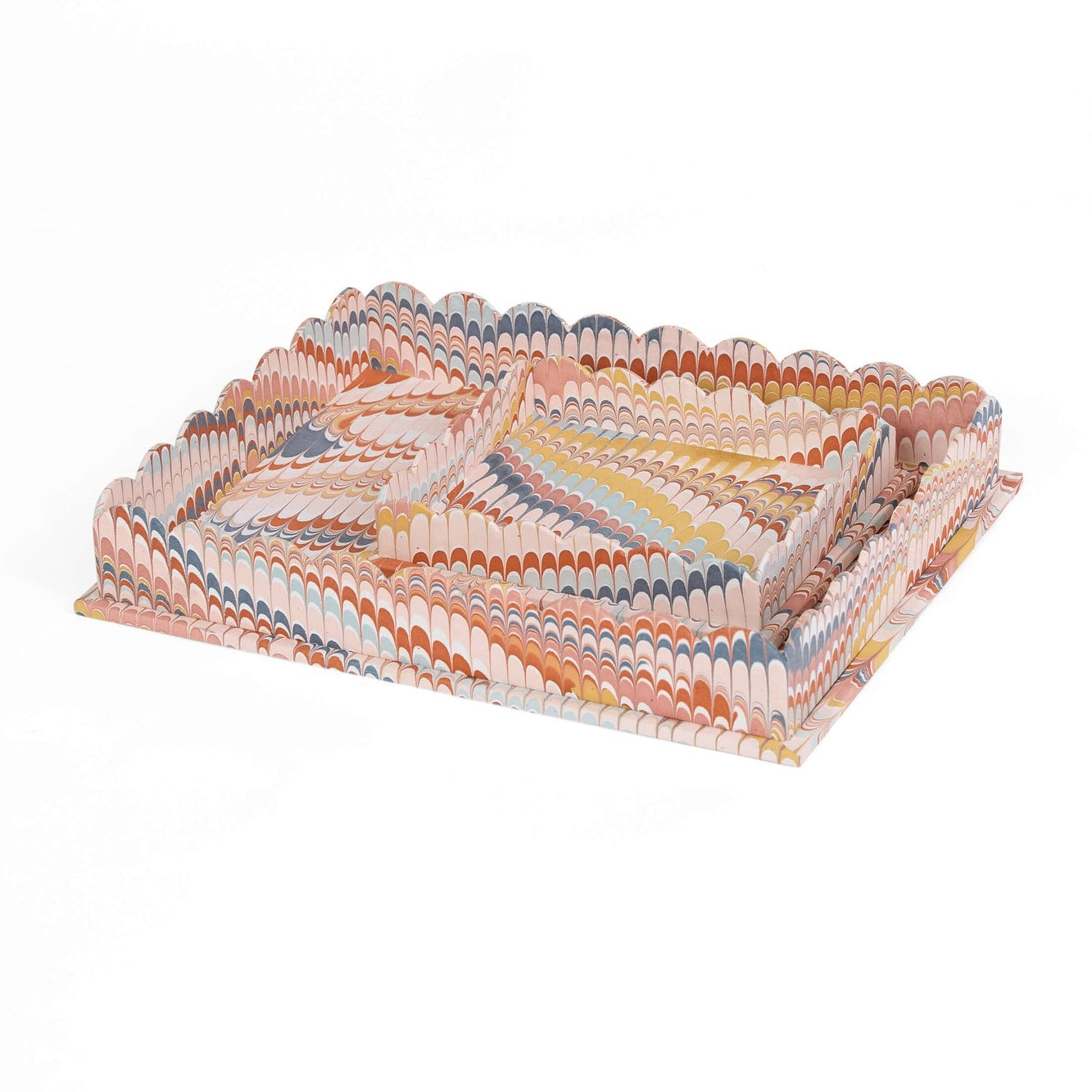 Marbled Scalloped Tray Set, Burnt Orange & Navy