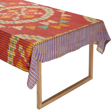 Hand Blocked Tablecloth in Tangerine Aztec Stripe