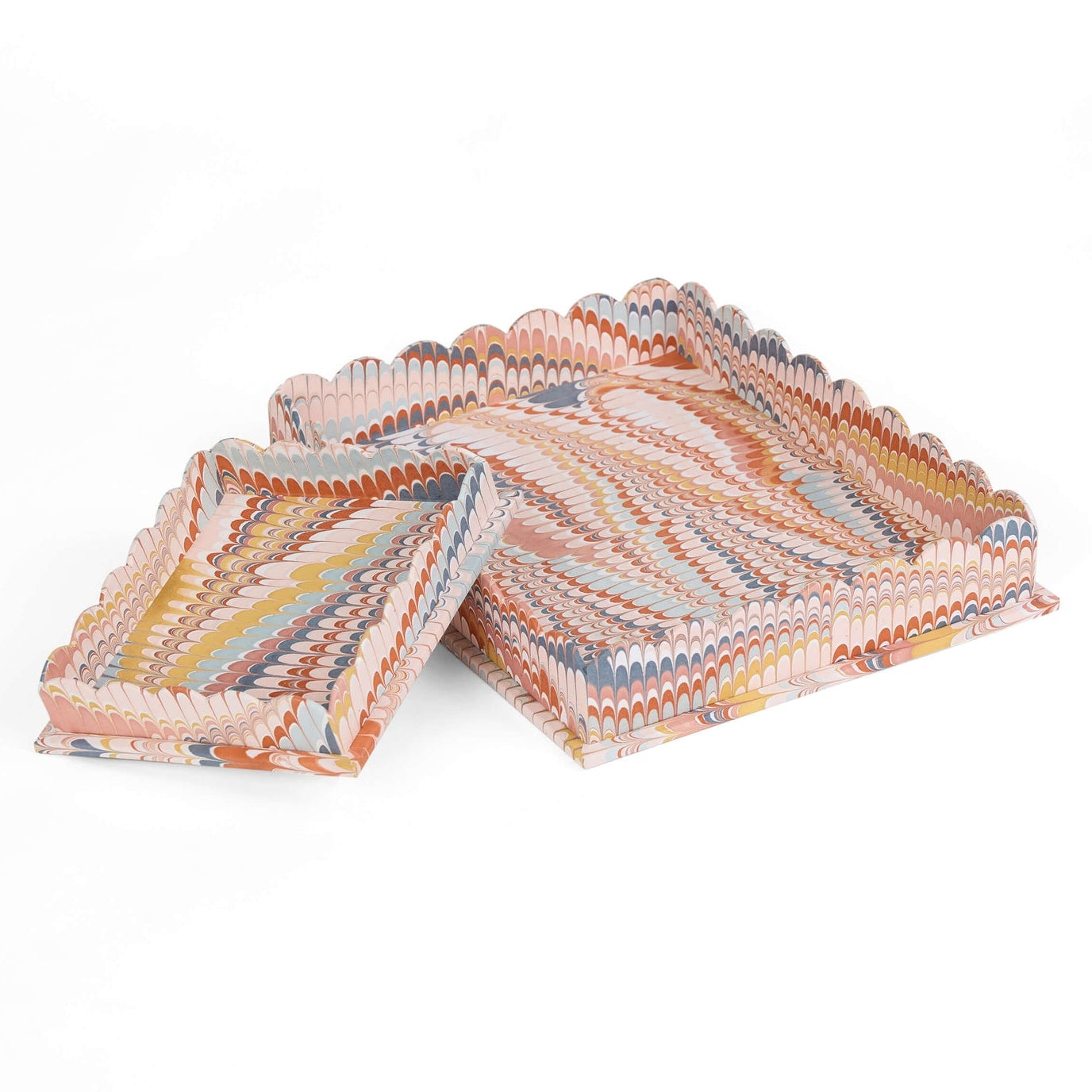 Marbled Scalloped Tray Set, Burnt Orange & Navy