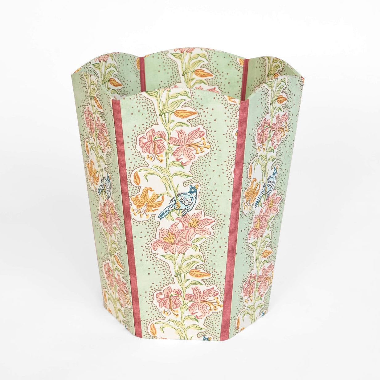 Block-Printed Scalloped Collapsible Waste Basket, Green & Pink
