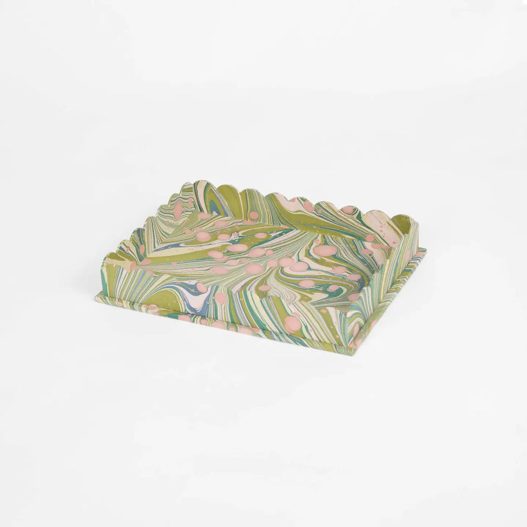 Marbled Scalloped Tray Set, Moss & Pink
