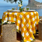 Summerill & Bishop 'Gingham' Linen Tablecloth in Mustard Yellow with Avocado Green Trim