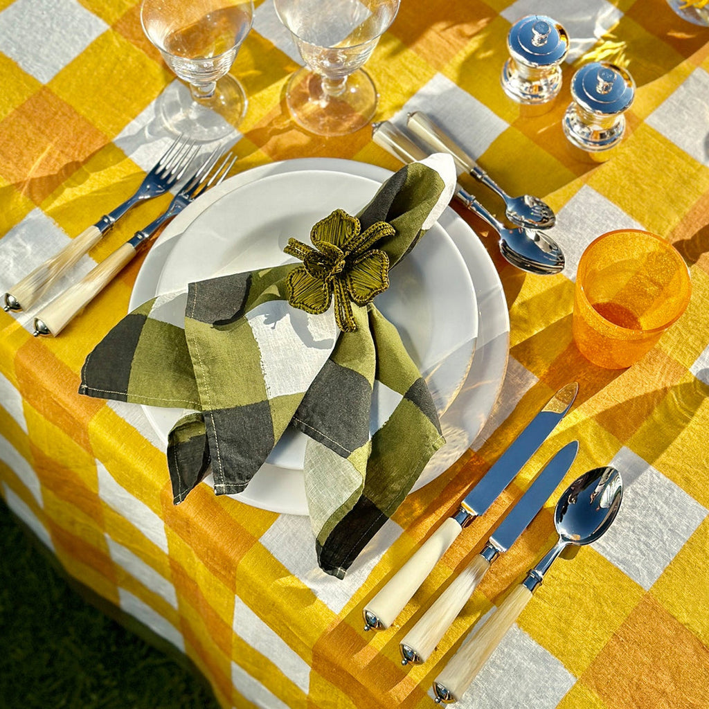 Summerill & Bishop 'Gingham' Linen Tablecloth in Mustard Yellow with Avocado Green Trim