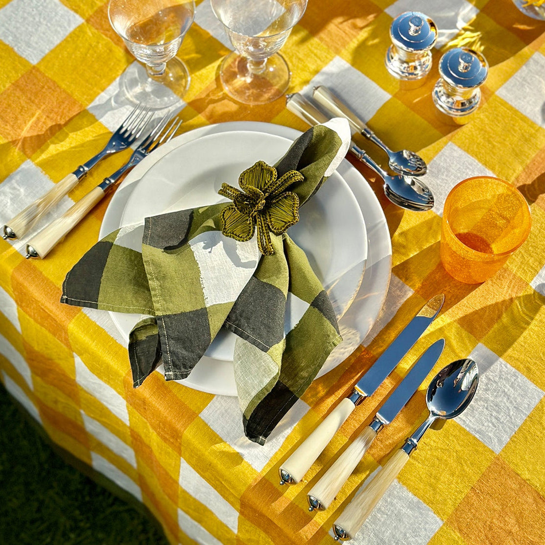 Summerill & Bishop 'Gingham' Linen Tablecloth in Mustard Yellow with Avocado Green Trim