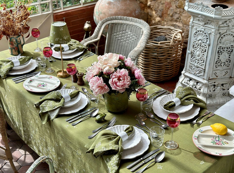 Summerill & Bishop Bee Falling Flower Linen Tablecloth in Avocado Green