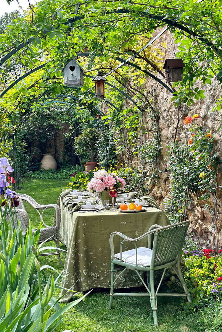 Summerill & Bishop Bee Falling Flower Linen Tablecloth in Avocado Green