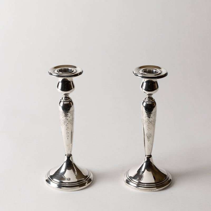 Pair Antique Sterling Silver Candlesticks, Small Etched