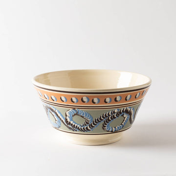 Large Mochaware Bowl, Earthworm Ribbon & Cat's Eye Pattern Blue