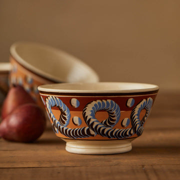 Small Mochaware Bowl, Earthworm Ribbon Pattern, Persimmon